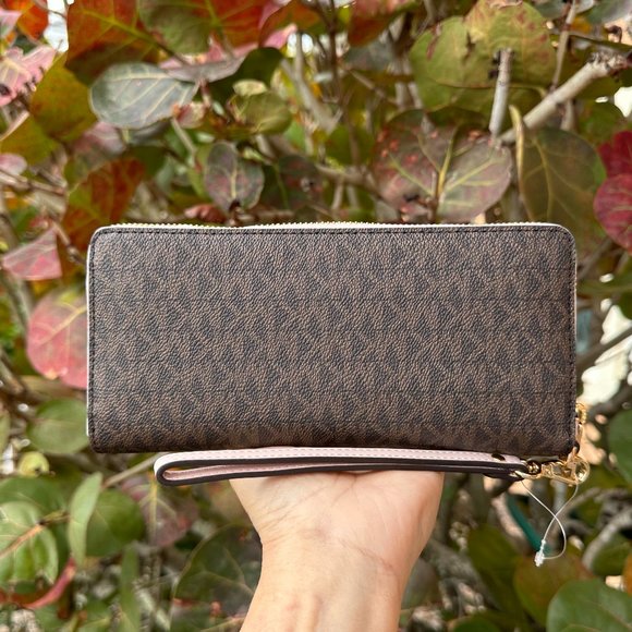 Michael Kors Jet Set Travel Large Continental Wallet Wristlet MK Brown Pink - Picture 2 of 10